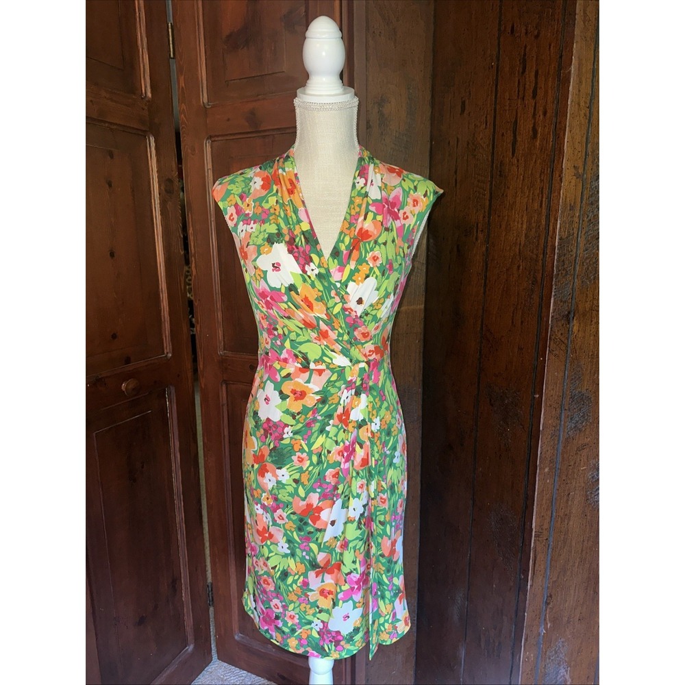 Vince Camuto Womens Faux Wrap Dress Size 2 Green Floral Lined Sleeveless